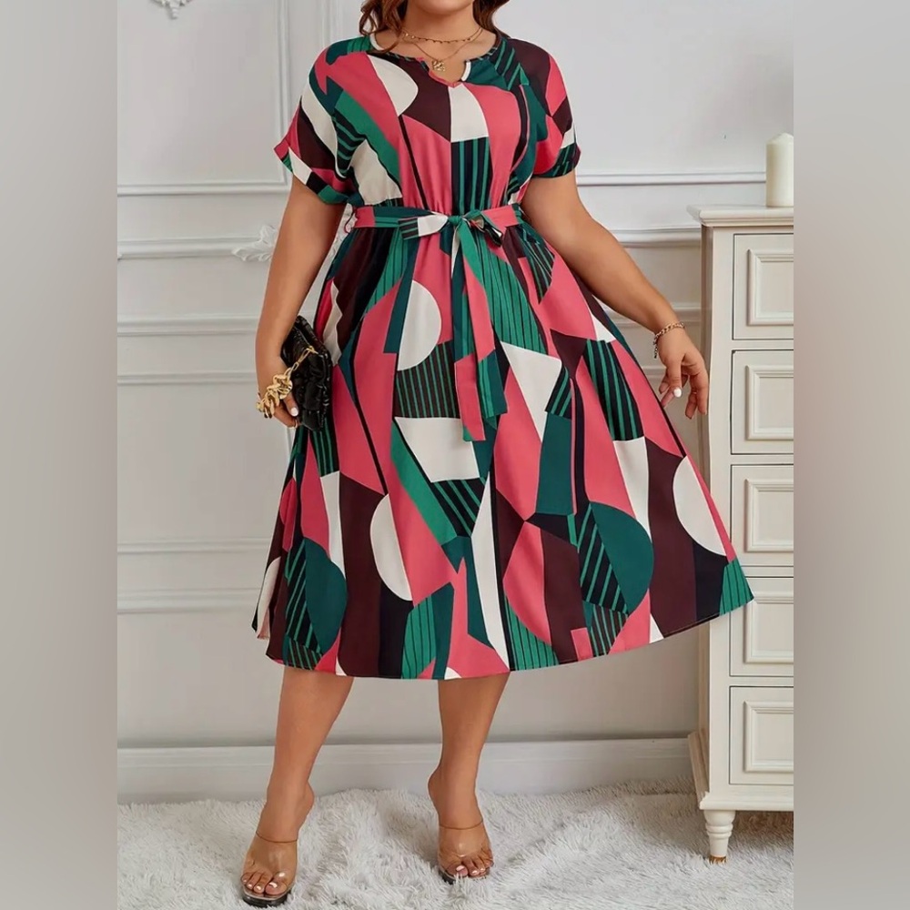 Temu Geo Print Tie Waist Dress 3XL